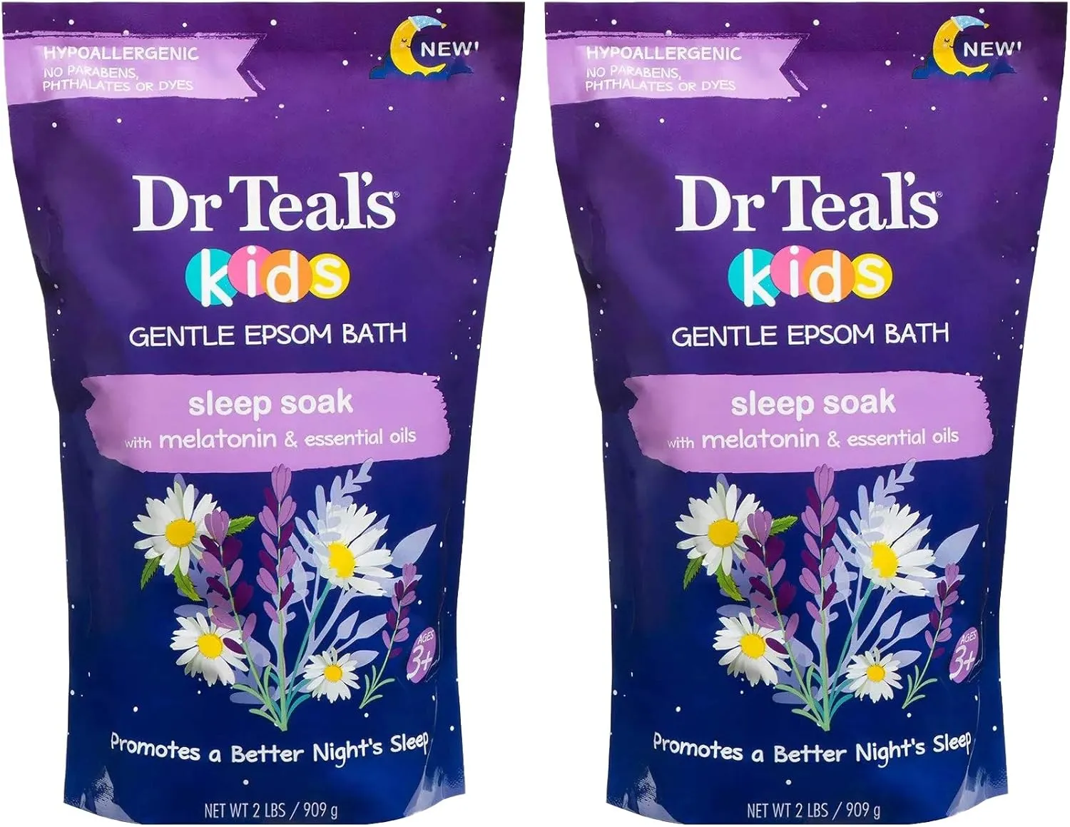 Dr. Teal's Kids' Gentle Sleep Soak with Pure Epsom Salt & Melatonin - (2 Pack, 2lbs Ea.) - Coconut and Other Essential Oils Relieve Stress & Soothe The Body - Hypoallergenic & Paraben Free