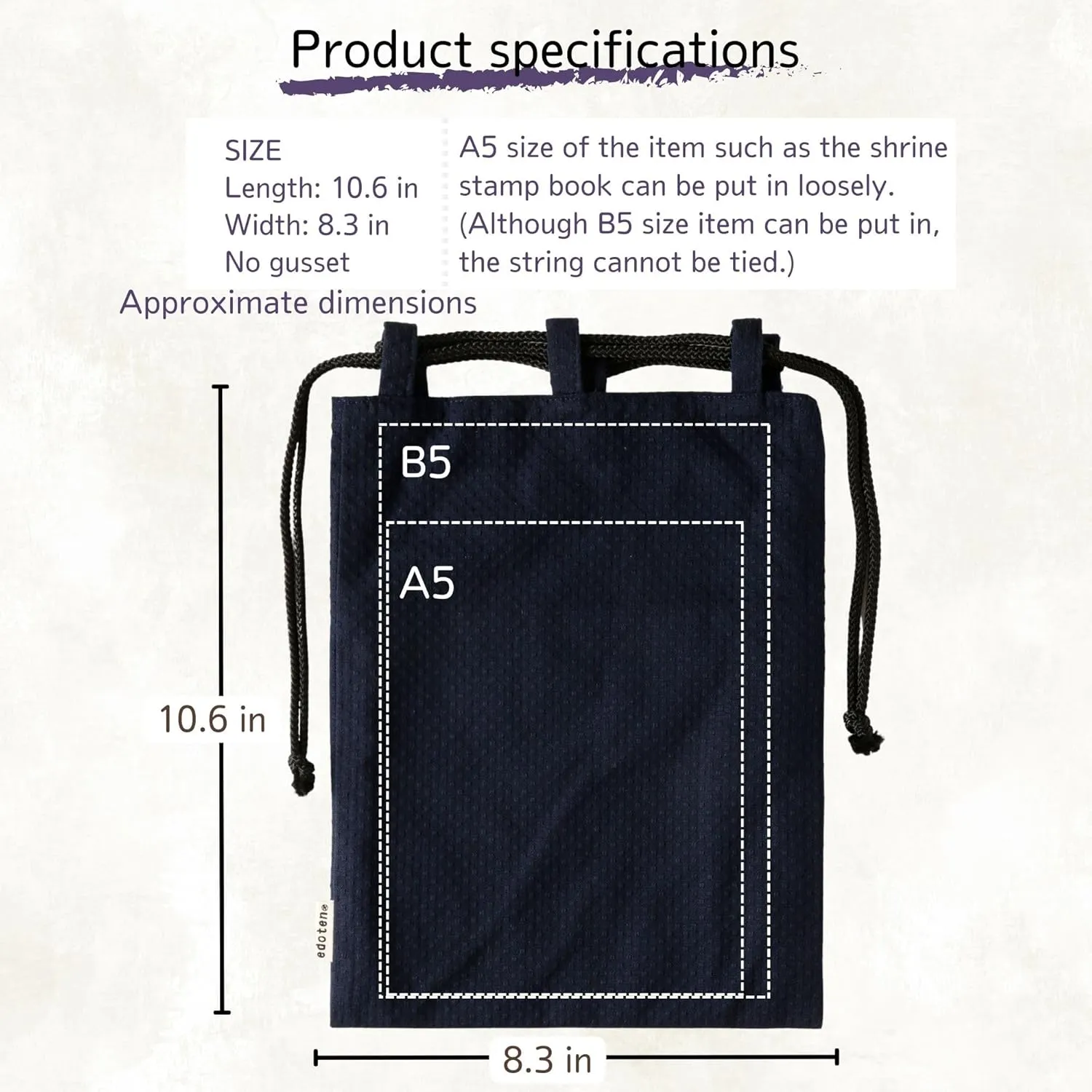 drawstring pouch cloth bag cotton 100% Sashiko fabric shrine stamp book bag inner pocket men's ladies'