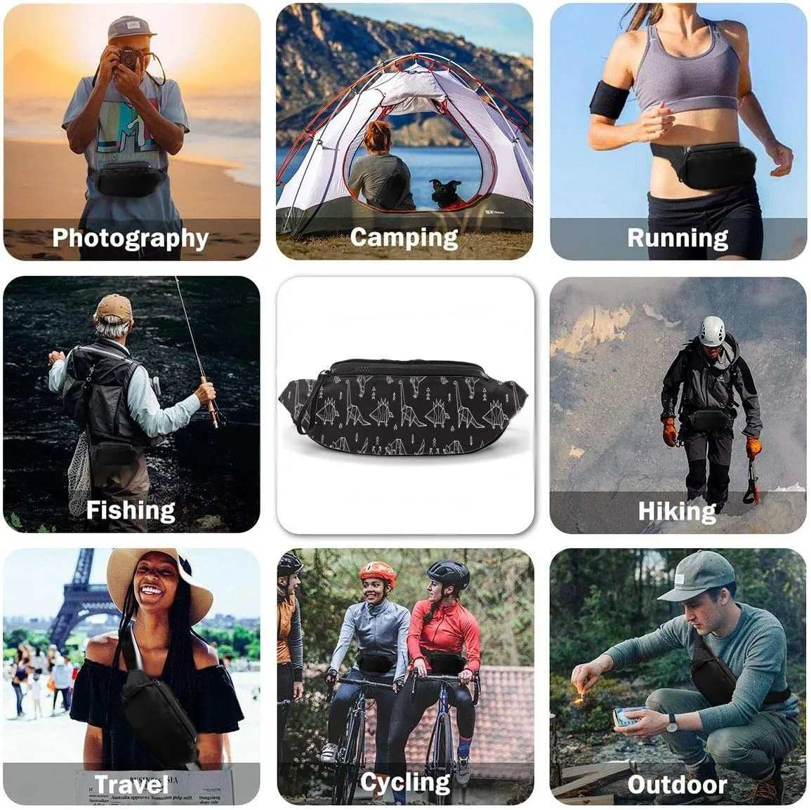 Dujiea Fanny Pack, Cartoon Dinosaurs Black Waist Bag with Headphone Hole Belt Bag Adjustable Sling Pocket Fashion Hip Bum Bag for Women Men Kids Outdoors Casual Travelling Hiking Cycling