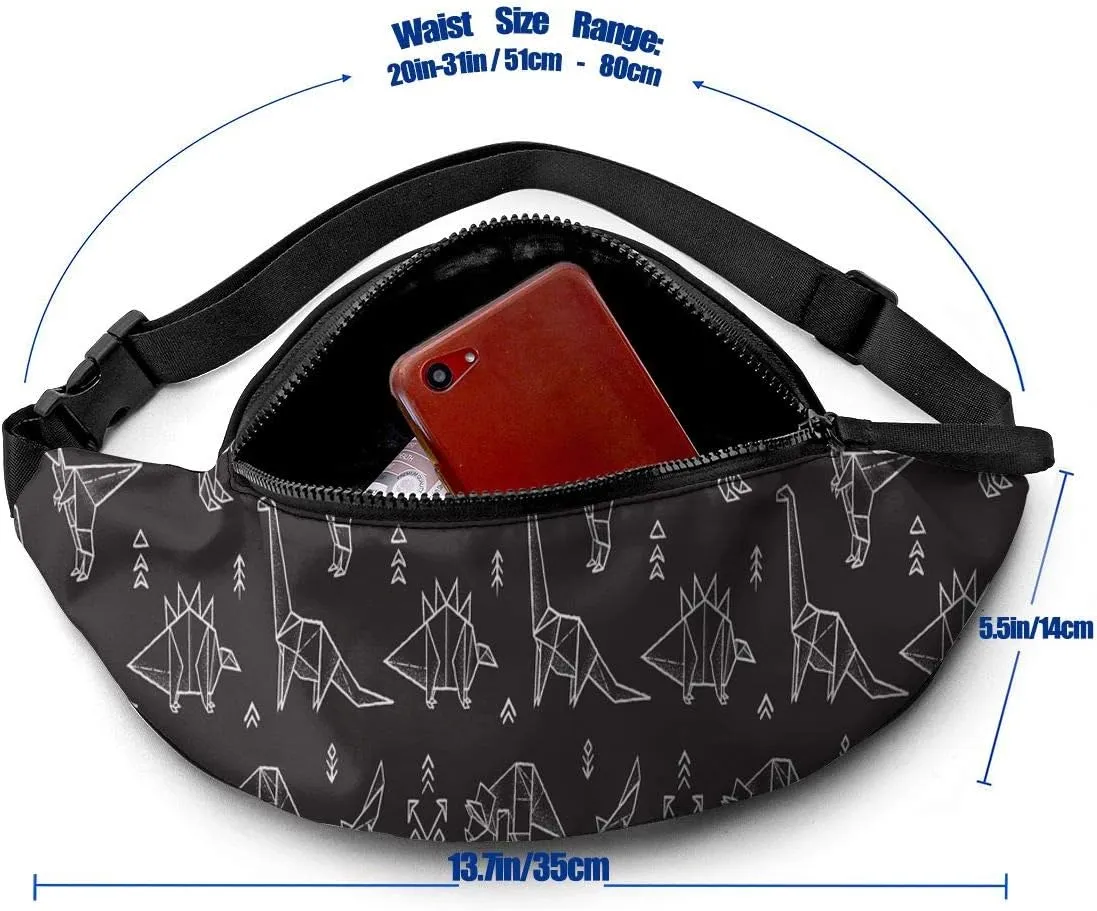 Dujiea Fanny Pack, Cartoon Dinosaurs Black Waist Bag with Headphone Hole Belt Bag Adjustable Sling Pocket Fashion Hip Bum Bag for Women Men Kids Outdoors Casual Travelling Hiking Cycling