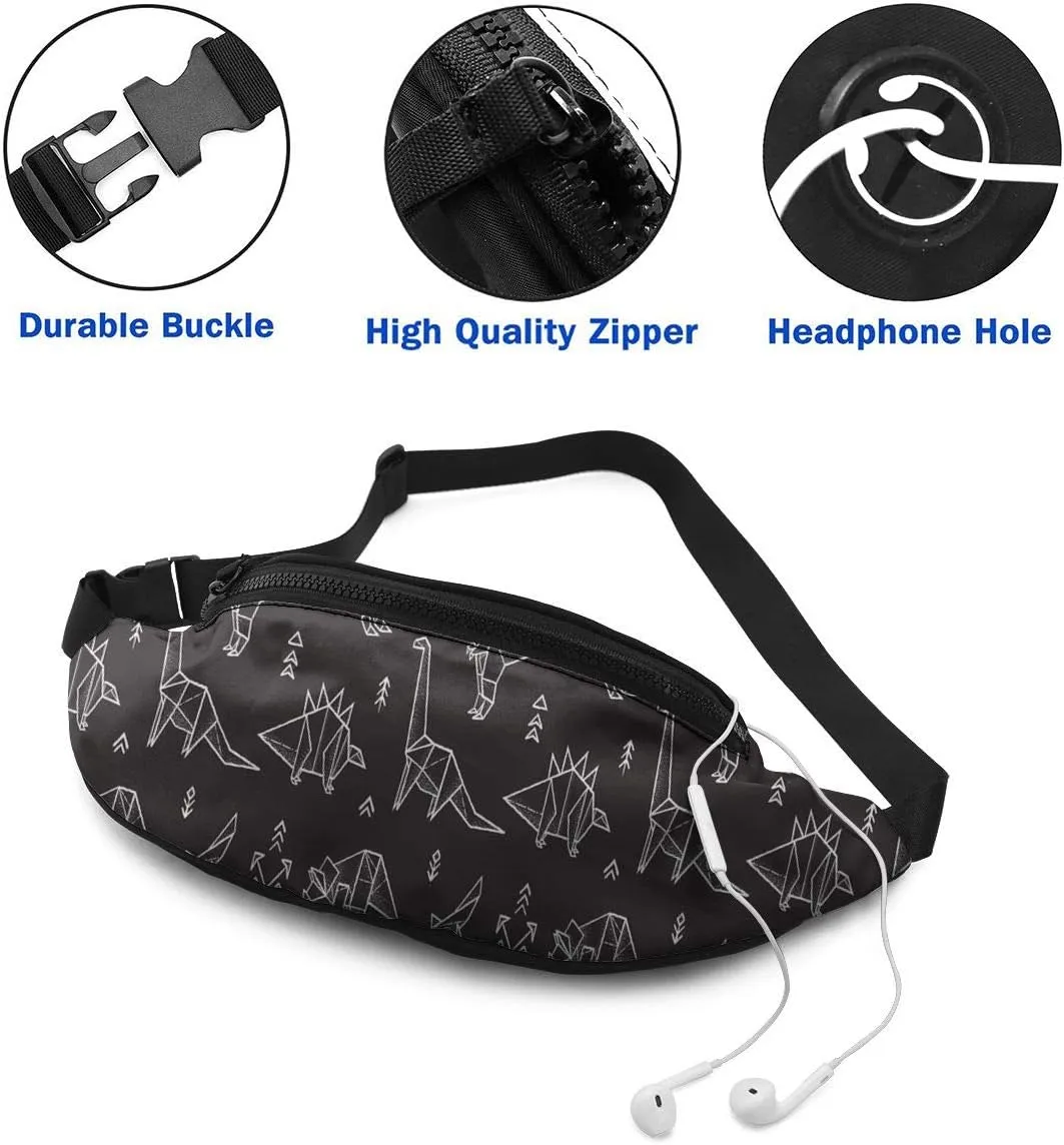 Dujiea Fanny Pack, Cartoon Dinosaurs Black Waist Bag with Headphone Hole Belt Bag Adjustable Sling Pocket Fashion Hip Bum Bag for Women Men Kids Outdoors Casual Travelling Hiking Cycling