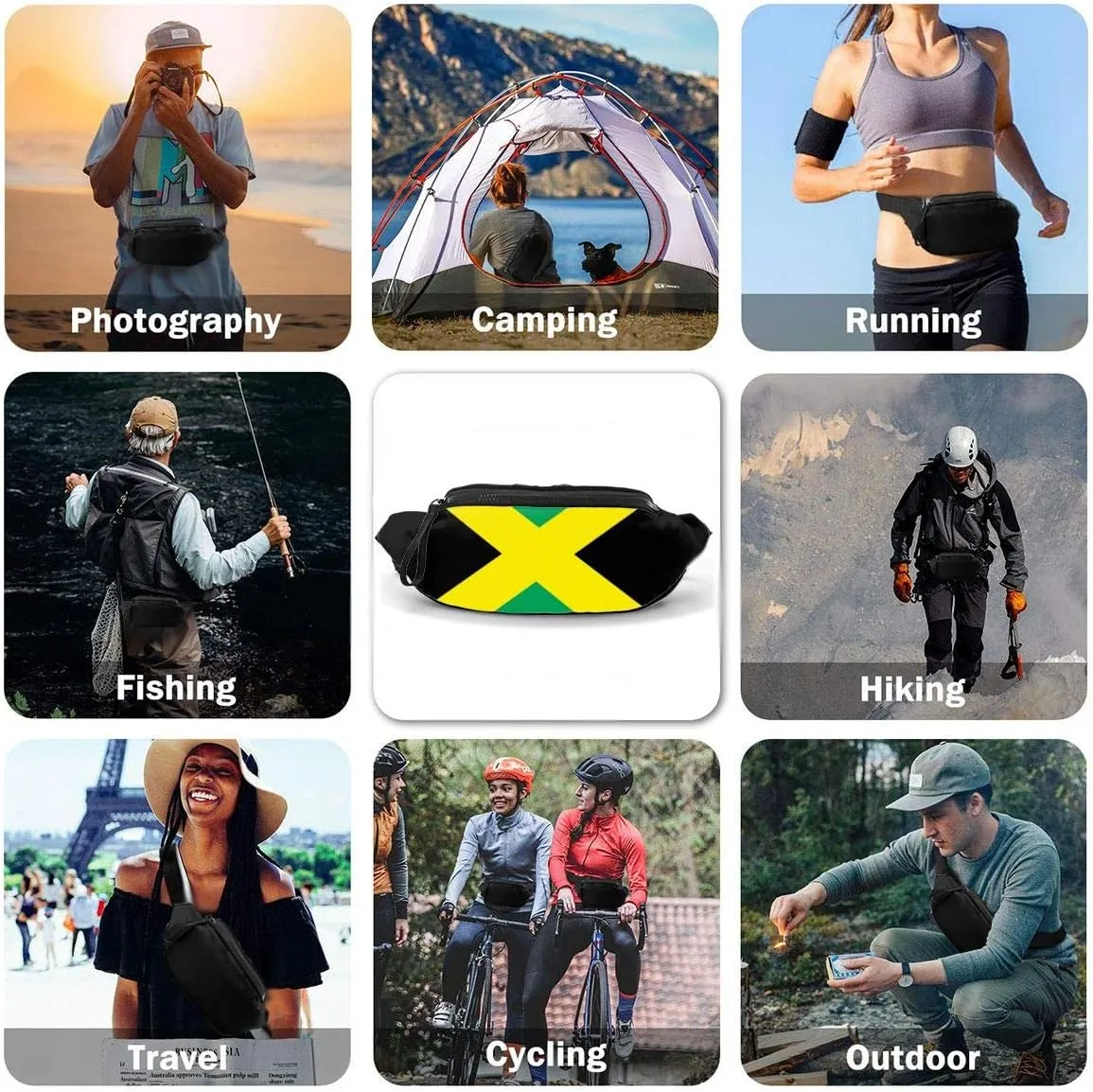 Dujiea Fanny Pack, Jamaica Flag Waist Bag with Headphone Hole Belt Bag Adjustable Sling Pocket Fashion Hip Bum Bag for Women Men Kids Outdoors Casual Travelling Hiking Cycling