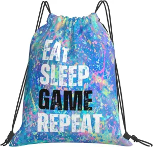 Eat Sleep Game Repeat Drawstring Backpack Gym String Bag Sports Drawstring Sackpack For Women Men