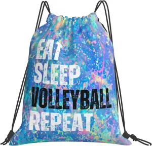 Eat Sleep Volleyball Repeat Drawstring Backpack Gym String Bag Sports Drawstring Sackpack For Women Men