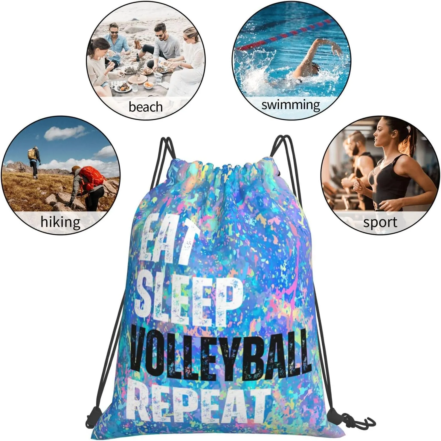 Eat Sleep Volleyball Repeat Drawstring Backpack Gym String Bag Sports Drawstring Sackpack For Women Men