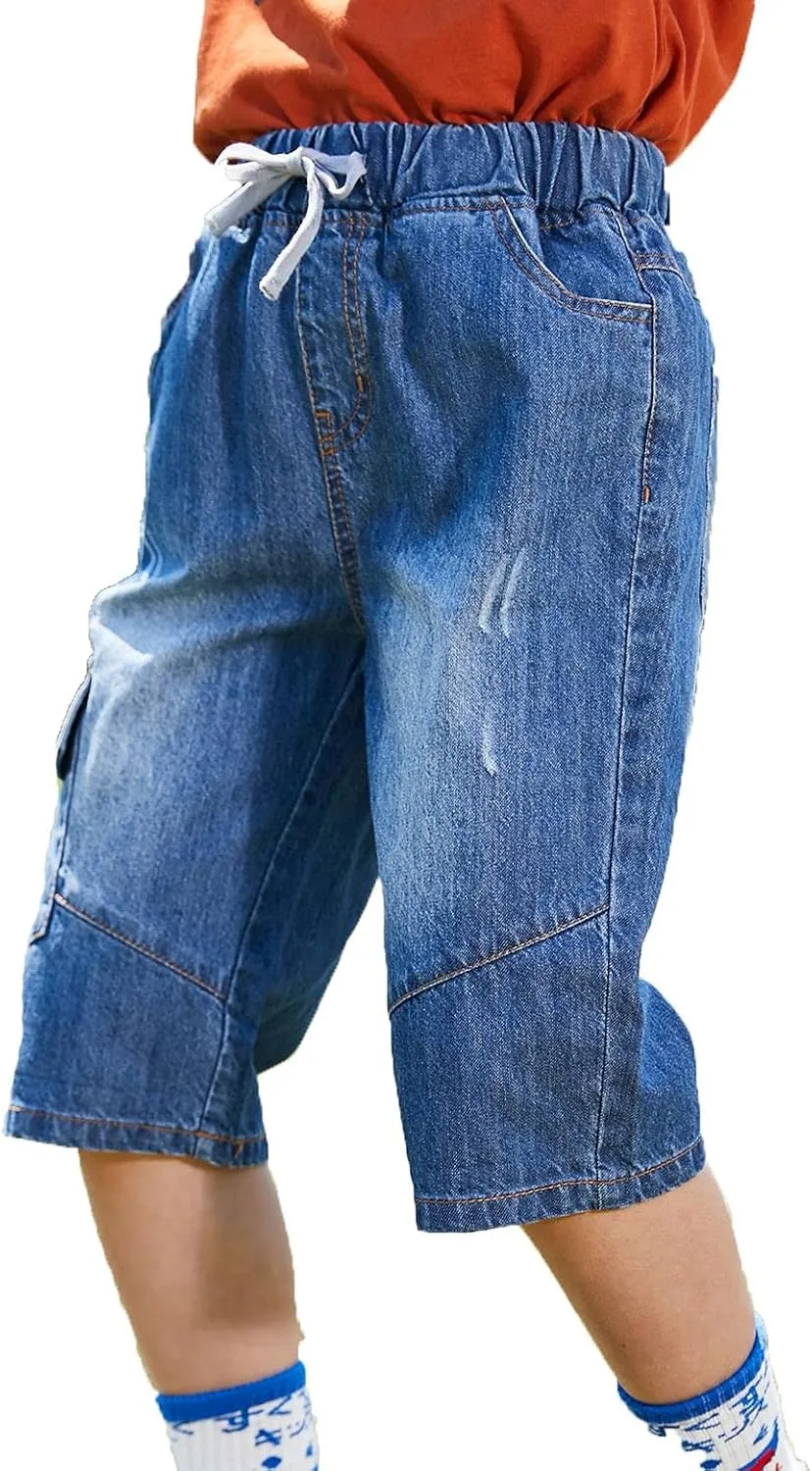 Echiondon Boy Jean Shorts Stretch Denim Shorts Pull on Elastic Shorts