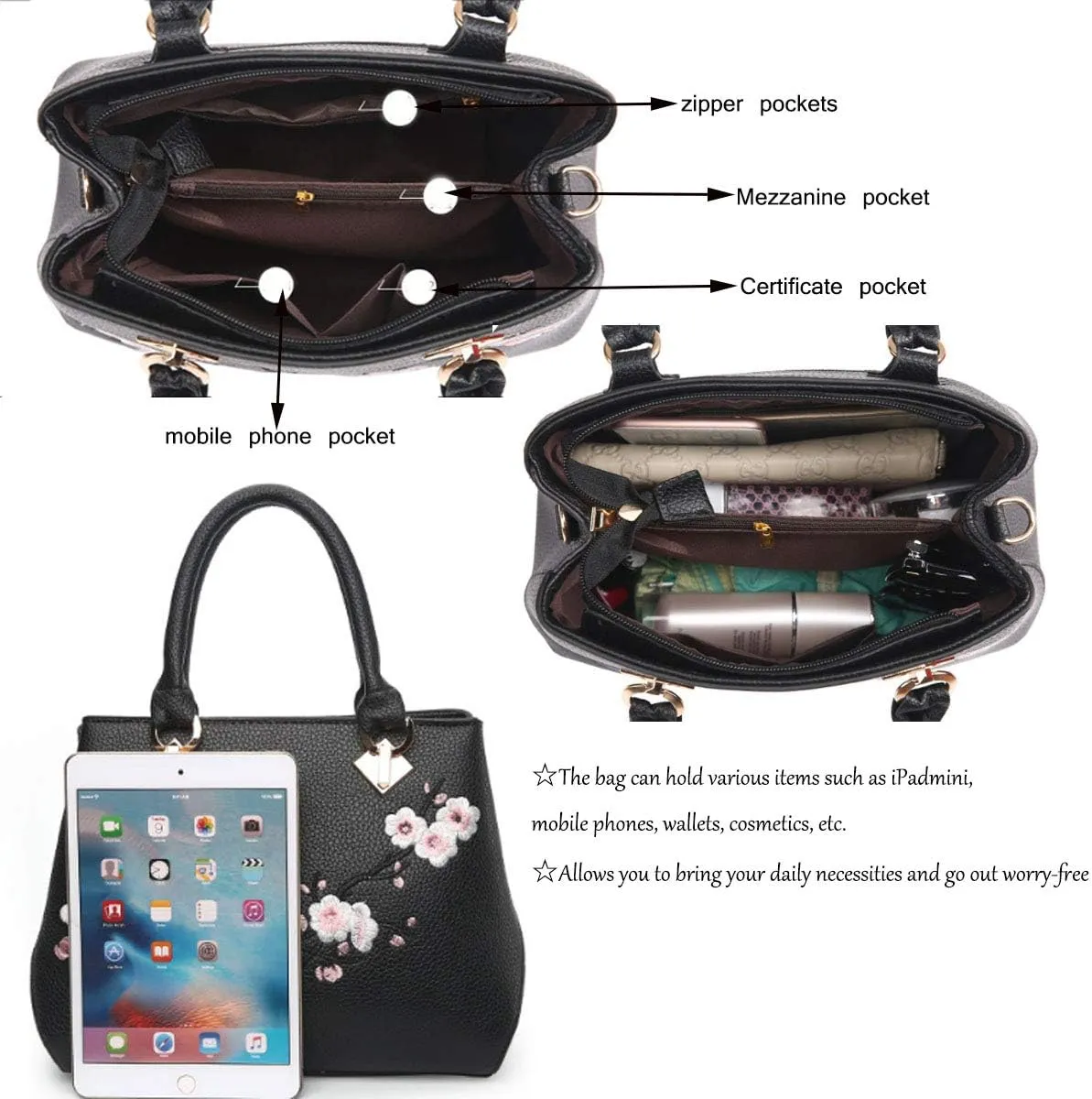 Embroidery Women Top Handle Satchel Handbags Shoulder Bag Tote Purse Messenger Bags Crossbody Bag
