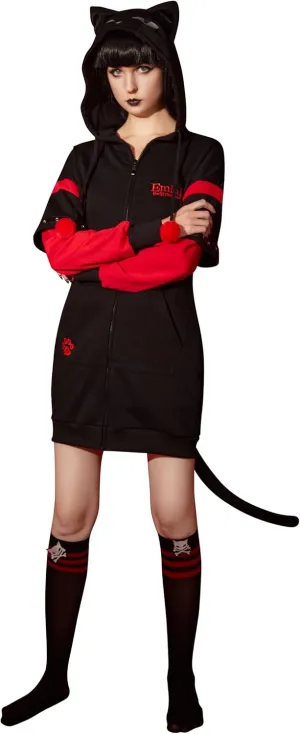 Emily the Strange Girls Black Red Hoodie Long Sleeves Hooded Halloween Pajama Dress
