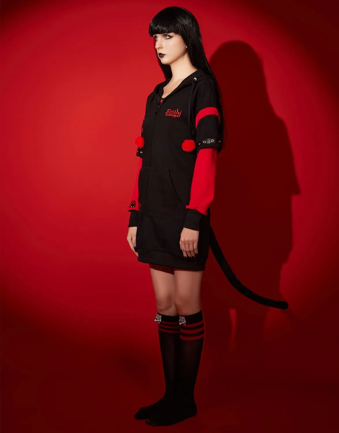 Emily the Strange Girls Black Red Hoodie Long Sleeves Hooded Halloween Pajama Dress