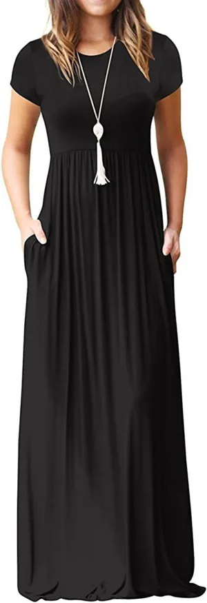 EUOVMY Women's Short Sleeve Loose Plain Maxi Dresses Casual Vacation Long Dresses with Pockets
