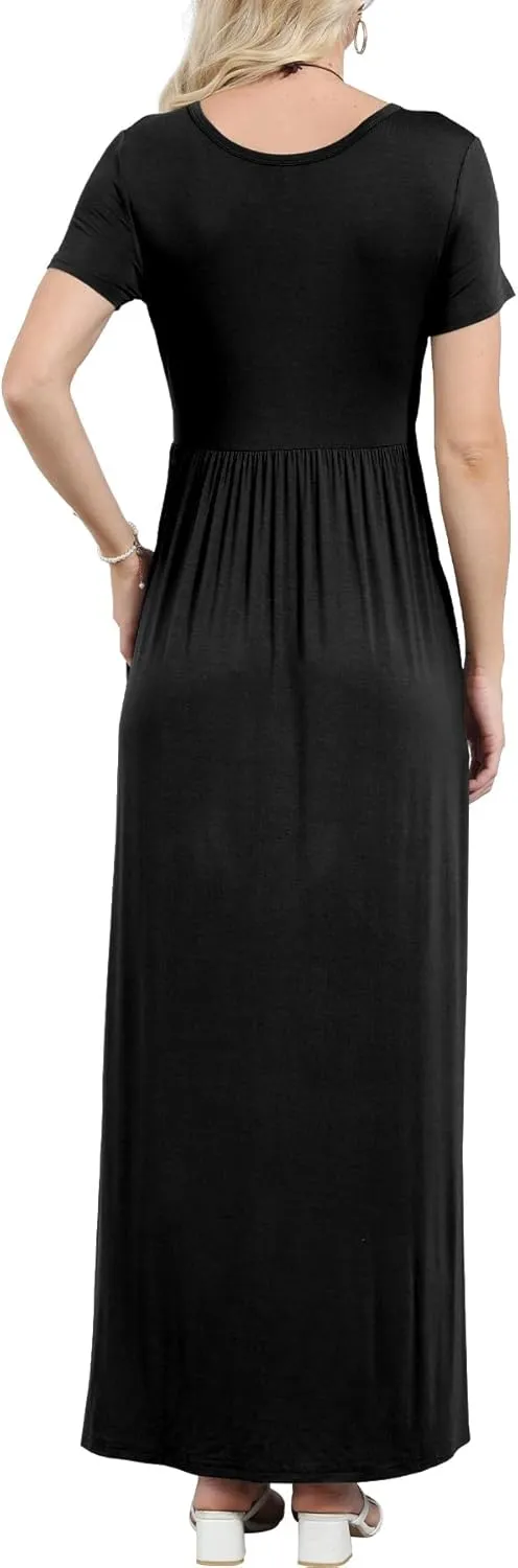 EUOVMY Women's Short Sleeve Loose Plain Maxi Dresses Casual Vacation Long Dresses with Pockets