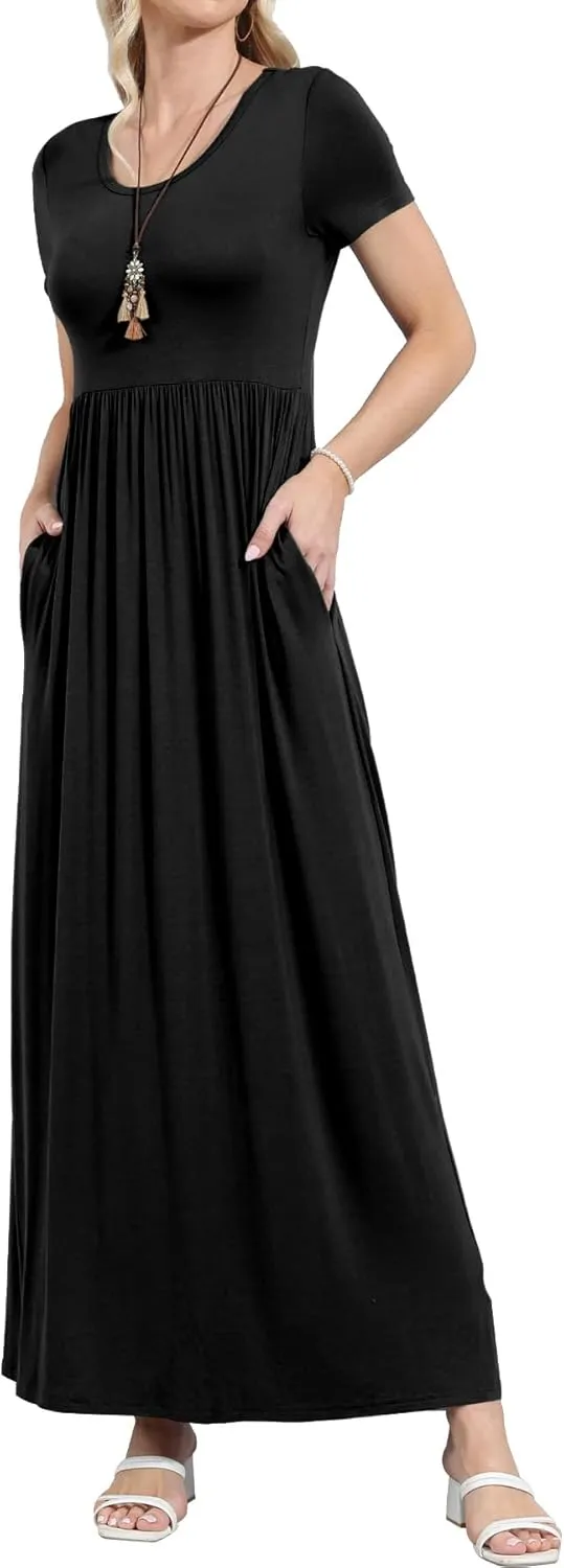 EUOVMY Women's Short Sleeve Loose Plain Maxi Dresses Casual Vacation Long Dresses with Pockets
