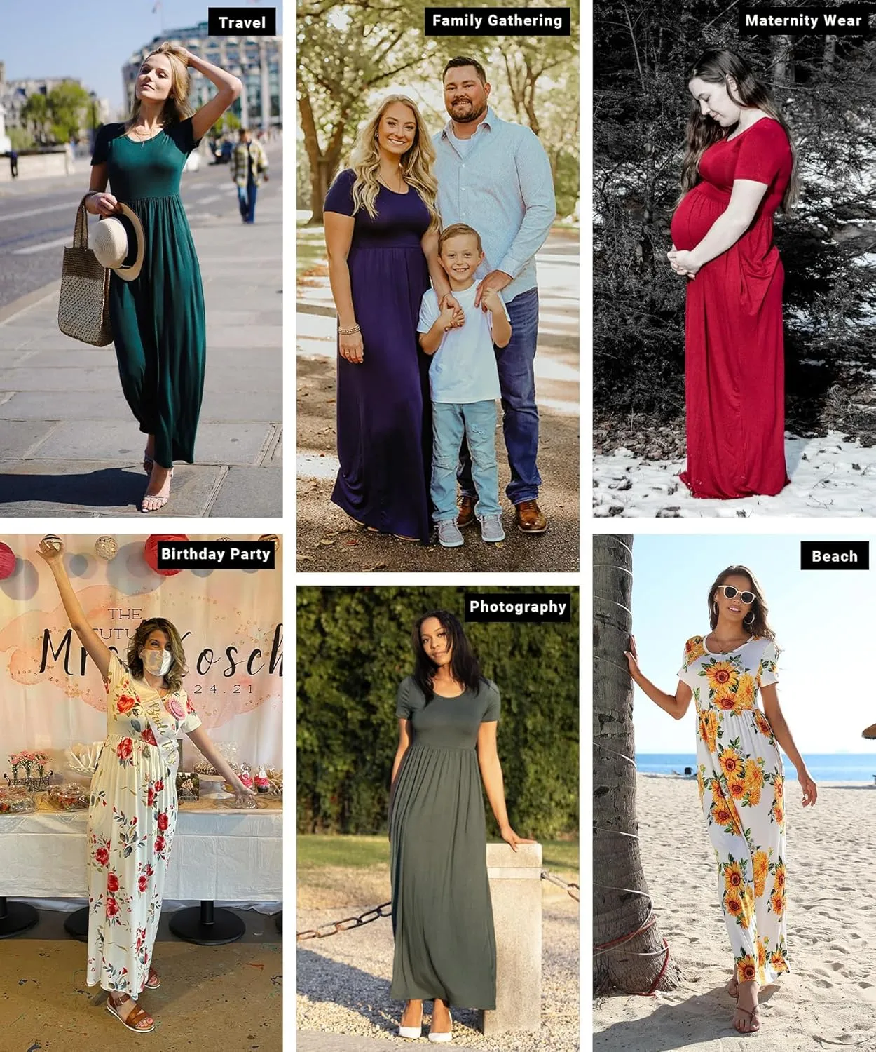 EUOVMY Women's Short Sleeve Loose Plain Maxi Dresses Casual Vacation Long Dresses with Pockets