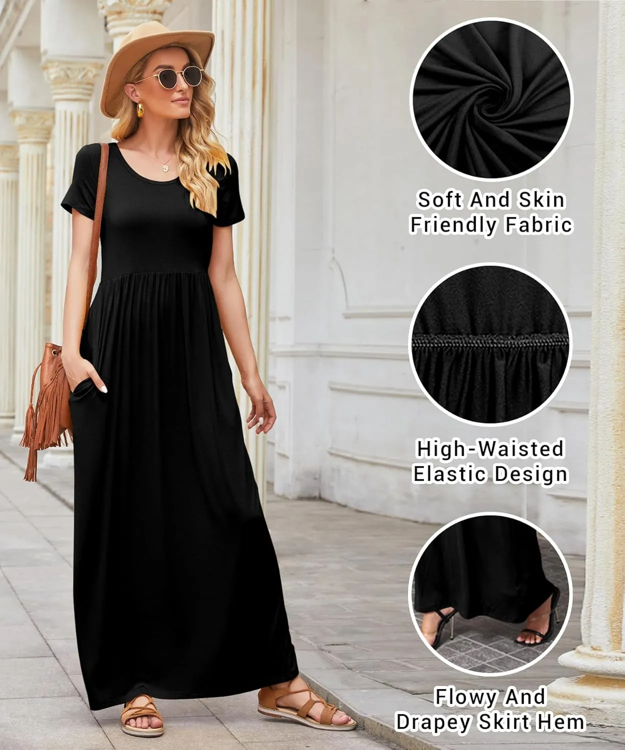 EUOVMY Women's Short Sleeve Loose Plain Maxi Dresses Casual Vacation Long Dresses with Pockets