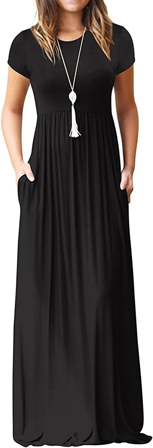 EUOVMY Women's Short Sleeve Loose Plain Maxi Dresses Casual Vacation Long Dresses with Pockets