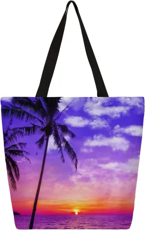 Evening Sunset Island Coconut Tree Large Capacity Canvas Tote Bag Stylish Handheld Shoulder Bag Reusable Shopping Bag for Work Travel Beach Trips Shopping