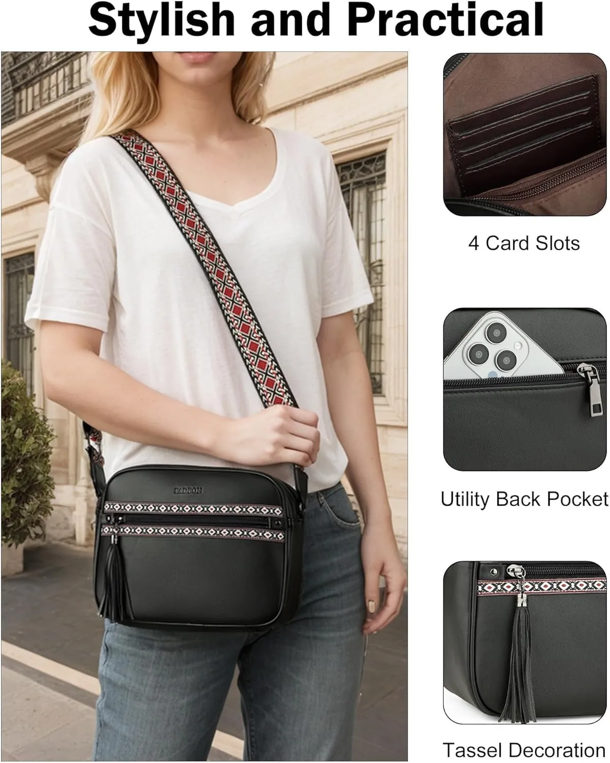 FADEON Crossbody Bags for Women Designer Vegan Leather Crossbody Purse Multi-pocket Medium Shoulder Bag with Card Slots