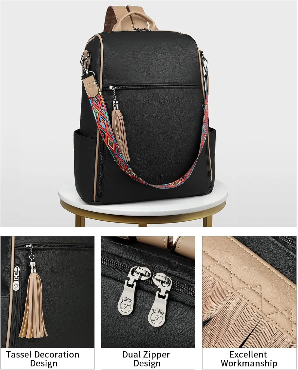 FADEON Leather Laptop Backpack for Women Designer 15.6 inch PU Laptop Bag, Ladies Travel Computer Work Backpack Black