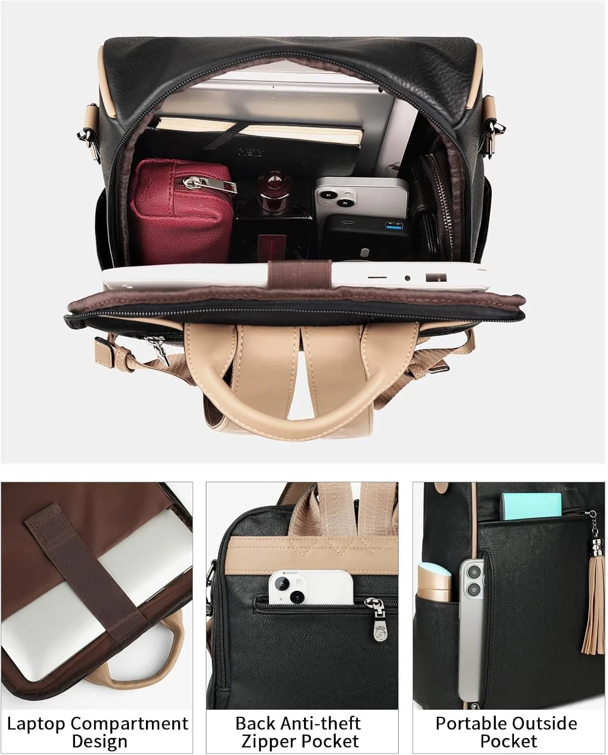 FADEON Leather Laptop Backpack for Women Designer 15.6 inch PU Laptop Bag, Ladies Travel Computer Work Backpack Black