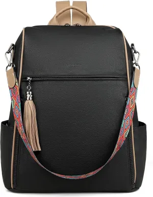 FADEON Leather Laptop Backpack for Women Designer 15.6 inch PU Laptop Bag, Ladies Travel Computer Work Backpack Black