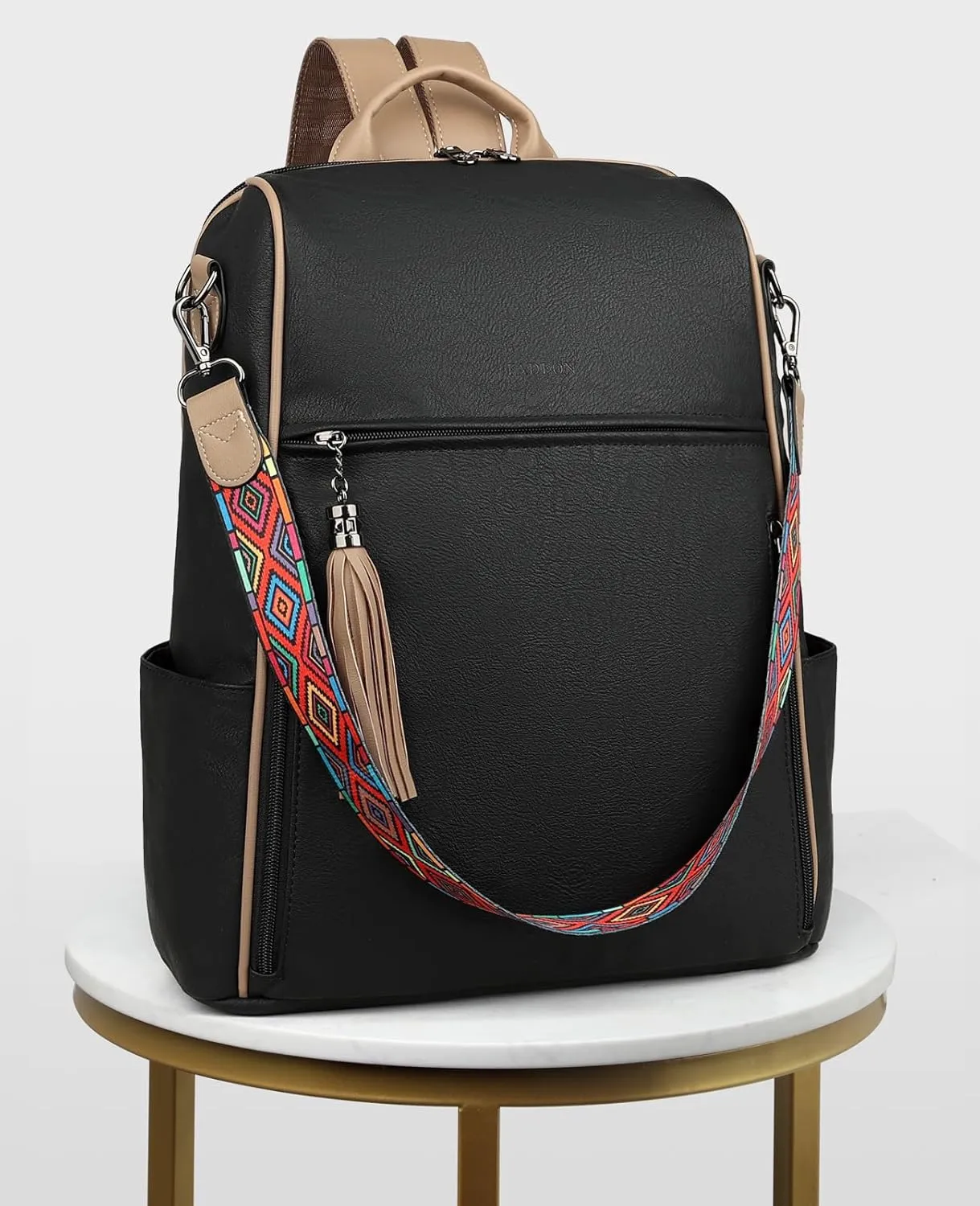 FADEON Leather Laptop Backpack for Women Designer 15.6 inch PU Laptop Bag, Ladies Travel Computer Work Backpack Black