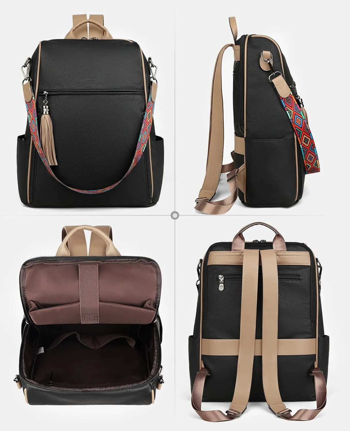FADEON Leather Laptop Backpack for Women Designer 15.6 inch PU Laptop Bag, Ladies Travel Computer Work Backpack Black