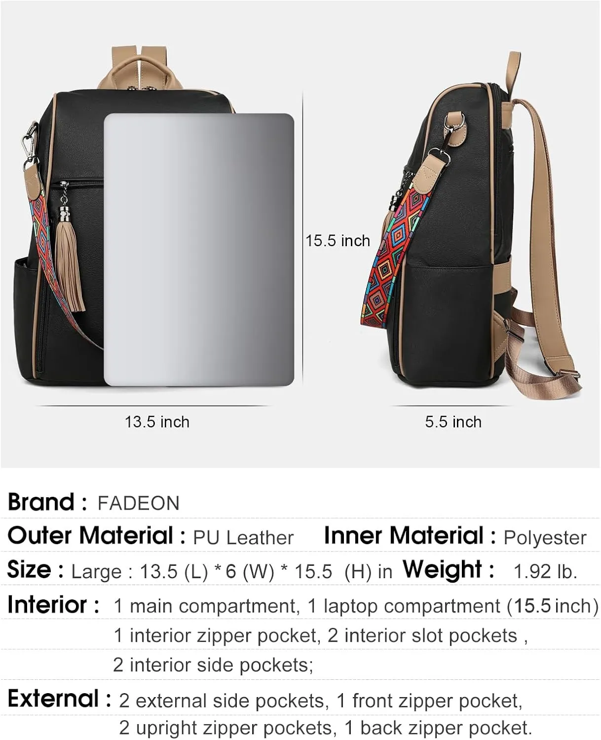 FADEON Leather Laptop Backpack for Women Designer 15.6 inch PU Laptop Bag, Ladies Travel Computer Work Backpack Black