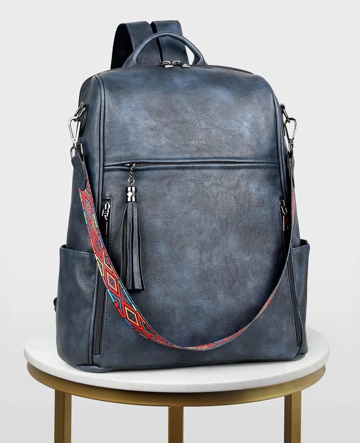 FADEON Leather Laptop Backpack for Women Designer 15.6 inch PU Laptop Bag, Ladies Travel Computer Work Backpack Blue