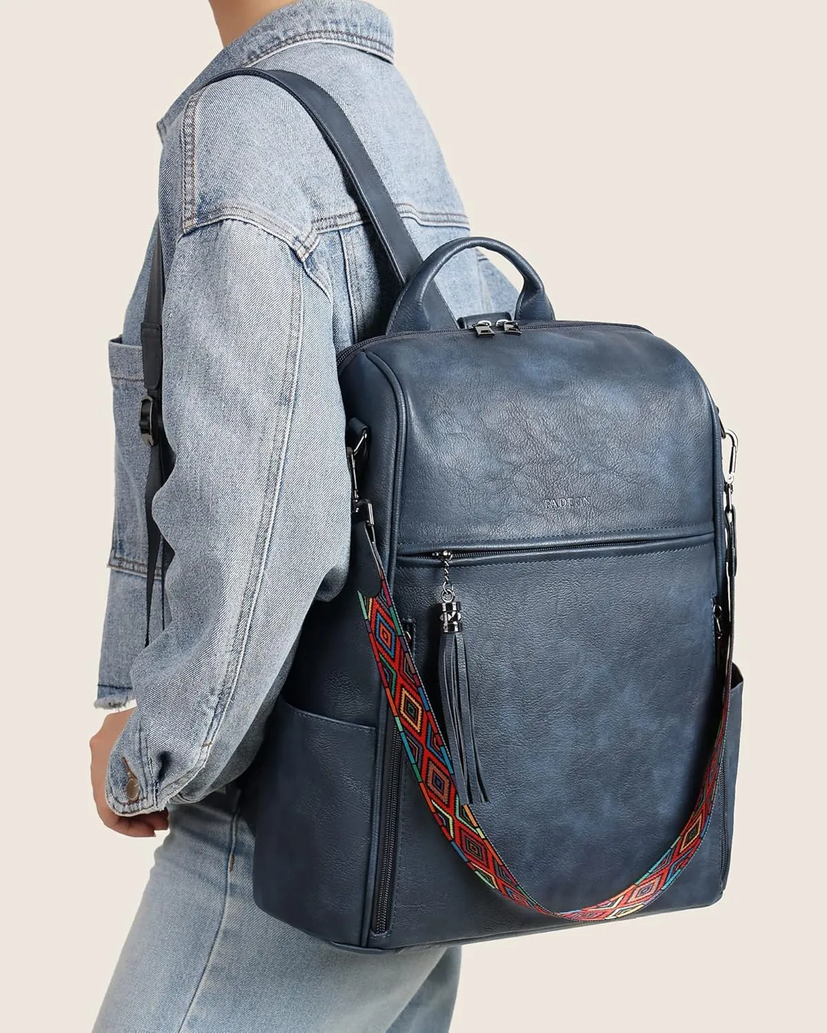 FADEON Leather Laptop Backpack for Women Designer 15.6 inch PU Laptop Bag, Ladies Travel Computer Work Backpack Blue