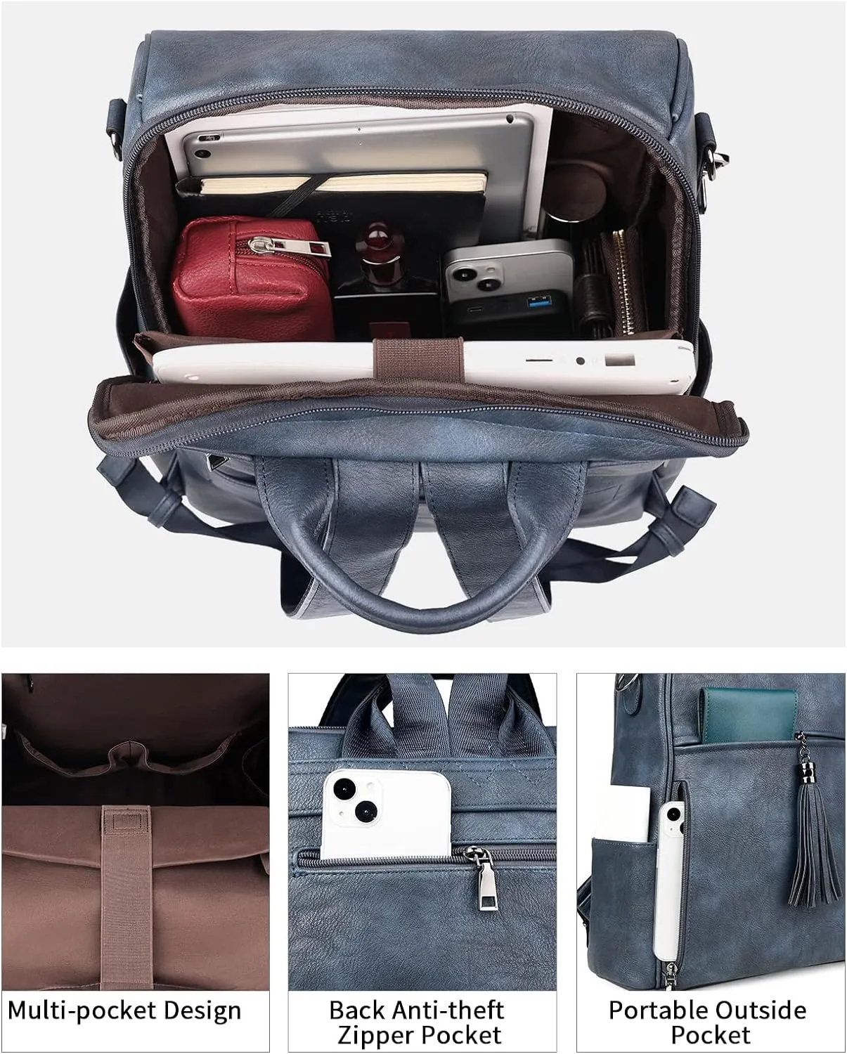 FADEON Leather Laptop Backpack for Women Designer 15.6 inch PU Laptop Bag, Ladies Travel Computer Work Backpack Blue