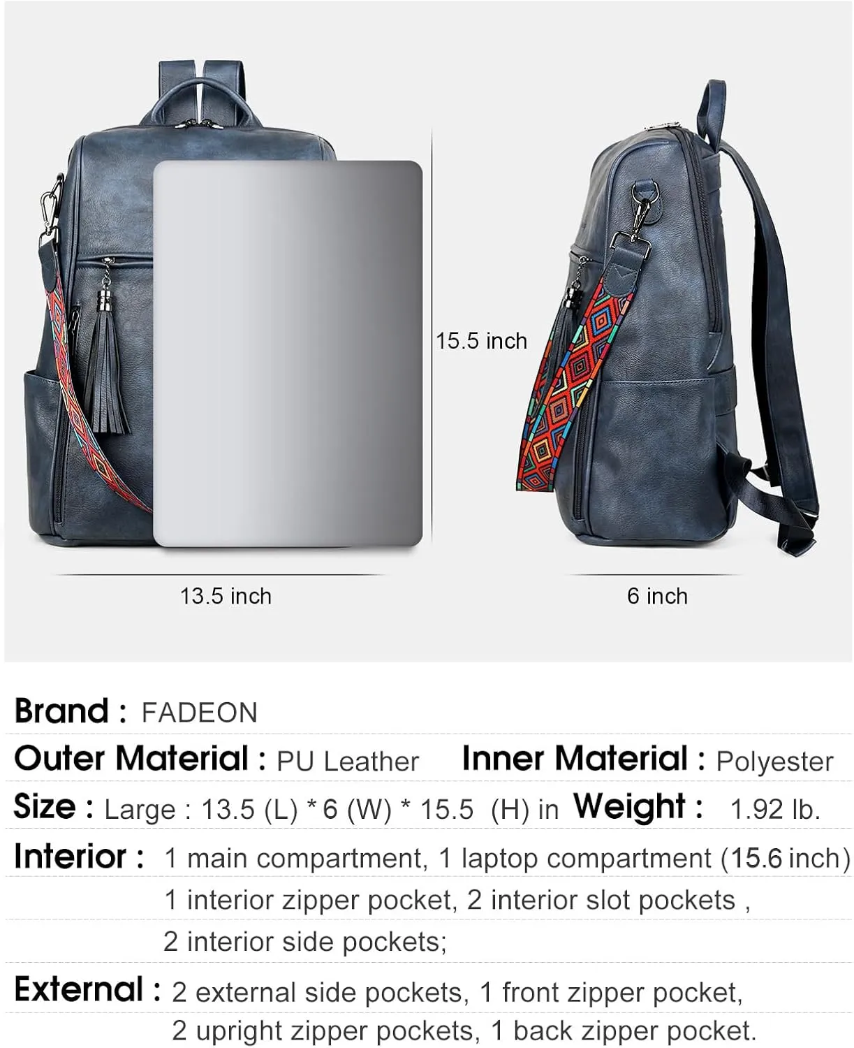 FADEON Leather Laptop Backpack for Women Designer 15.6 inch PU Laptop Bag, Ladies Travel Computer Work Backpack Blue