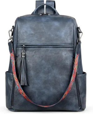 FADEON Leather Laptop Backpack for Women Designer 15.6 inch PU Laptop Bag, Ladies Travel Computer Work Backpack Blue