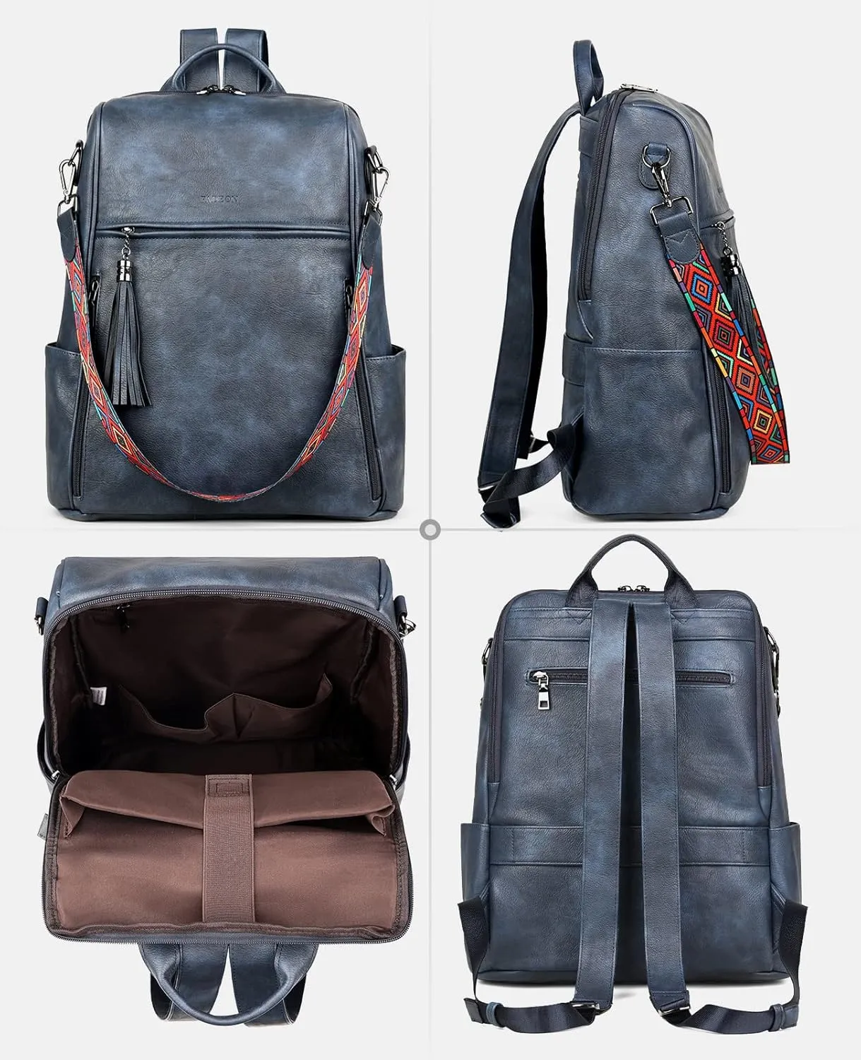 FADEON Leather Laptop Backpack for Women Designer 15.6 inch PU Laptop Bag, Ladies Travel Computer Work Backpack Blue