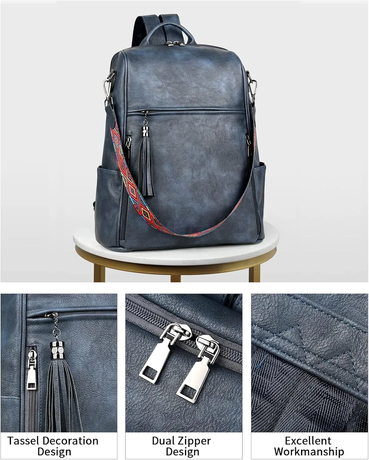 FADEON Leather Laptop Backpack for Women Designer 15.6 inch PU Laptop Bag, Ladies Travel Computer Work Backpack Blue