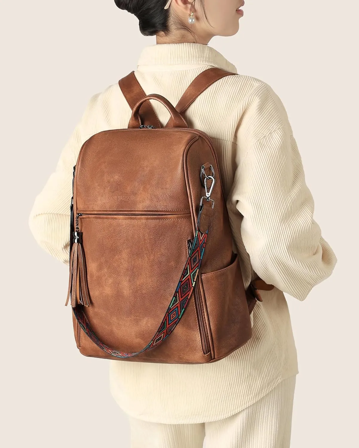 FADEON Leather Laptop Backpack for Women Designer 15.6 inch PU Laptop Bag, Ladies Travel Computer Work Backpack Brown