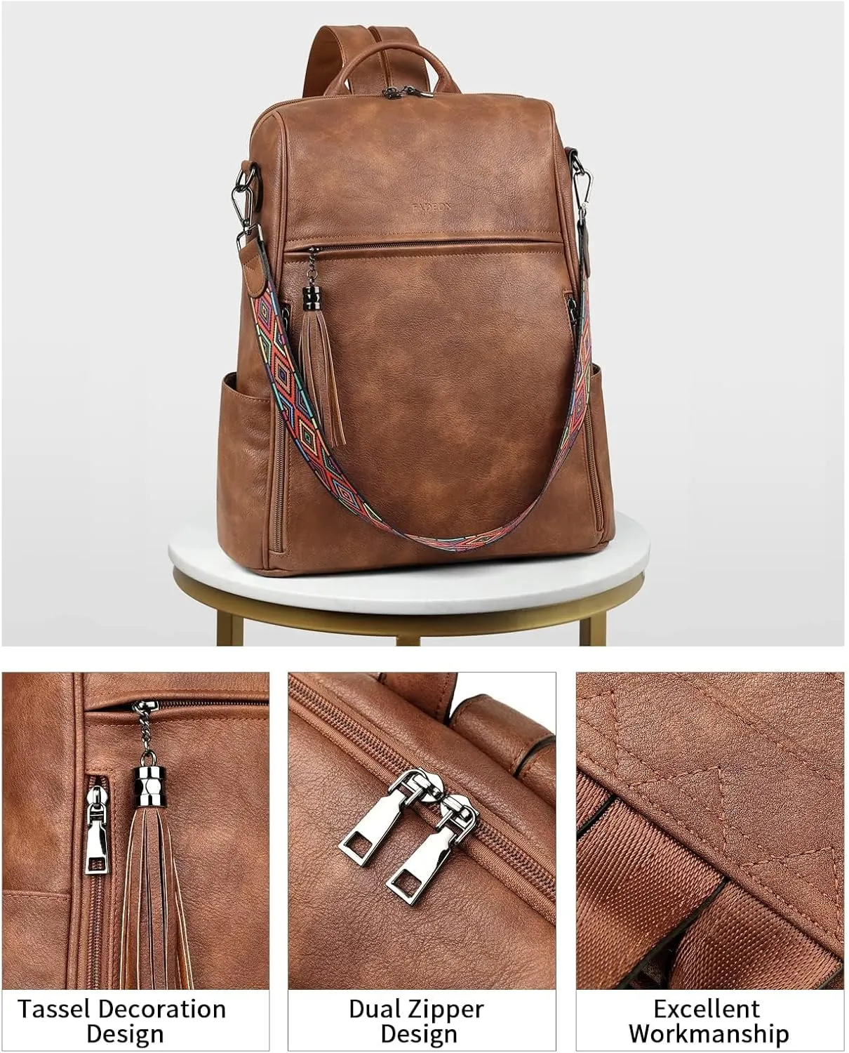 FADEON Leather Laptop Backpack for Women Designer 15.6 inch PU Laptop Bag, Ladies Travel Computer Work Backpack Brown