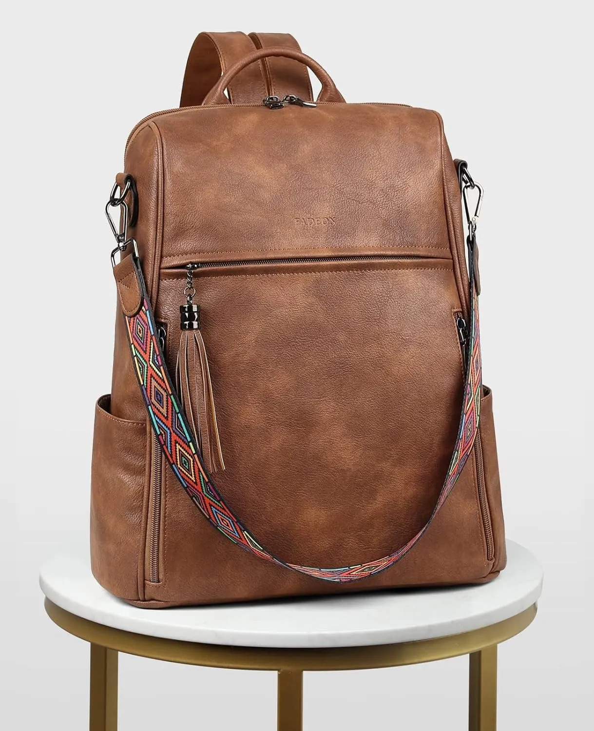 FADEON Leather Laptop Backpack for Women Designer 15.6 inch PU Laptop Bag, Ladies Travel Computer Work Backpack Brown