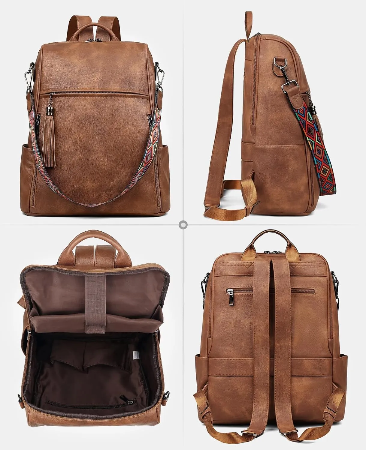 FADEON Leather Laptop Backpack for Women Designer 15.6 inch PU Laptop Bag, Ladies Travel Computer Work Backpack Brown