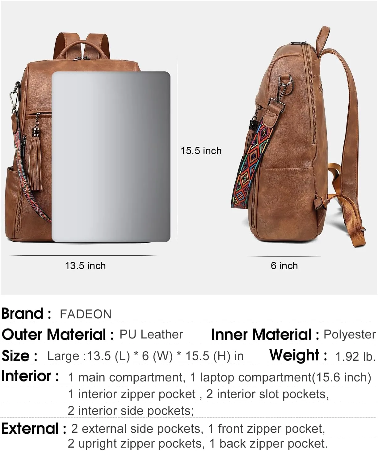 FADEON Leather Laptop Backpack for Women Designer 15.6 inch PU Laptop Bag, Ladies Travel Computer Work Backpack Brown