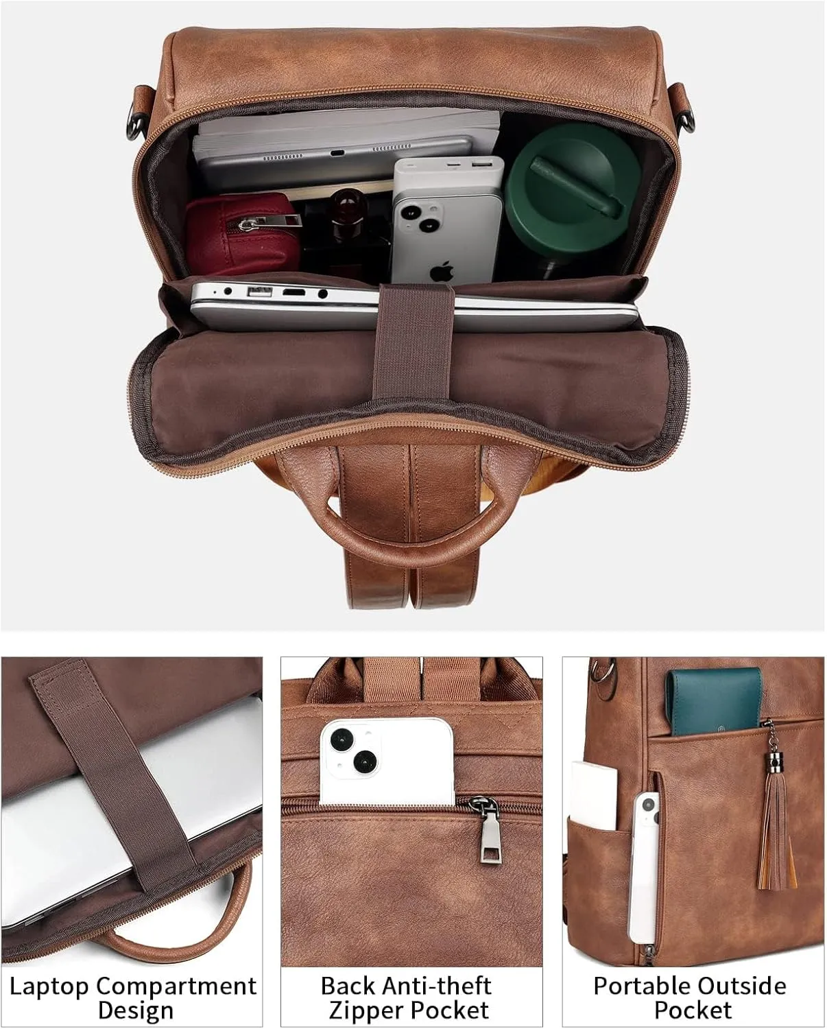 FADEON Leather Laptop Backpack for Women Designer 15.6 inch PU Laptop Bag, Ladies Travel Computer Work Backpack Brown