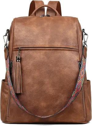 FADEON Leather Laptop Backpack for Women Designer 15.6 inch PU Laptop Bag, Ladies Travel Computer Work Backpack Brown