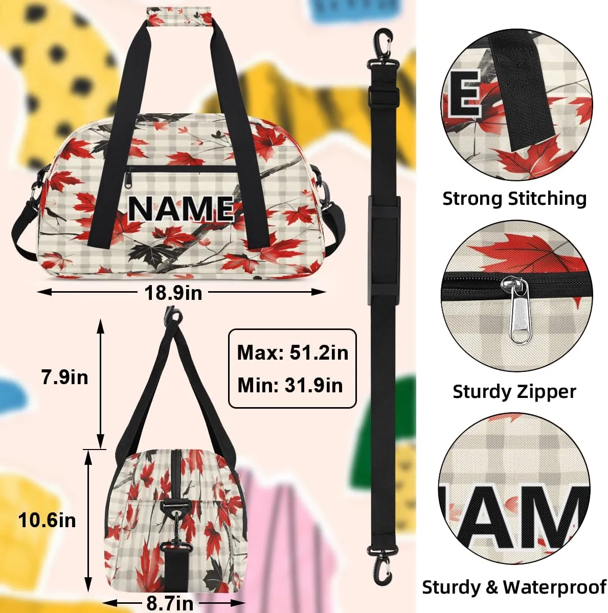 Fall Leaves Mini Gym Bag 18 inch for Women Men Waterproof Custom Maple Colors Leaf and Branch Autumn Travel Duffel Bag Carry On Overnight Tote Nurse Bag for Work Fitness Hiking