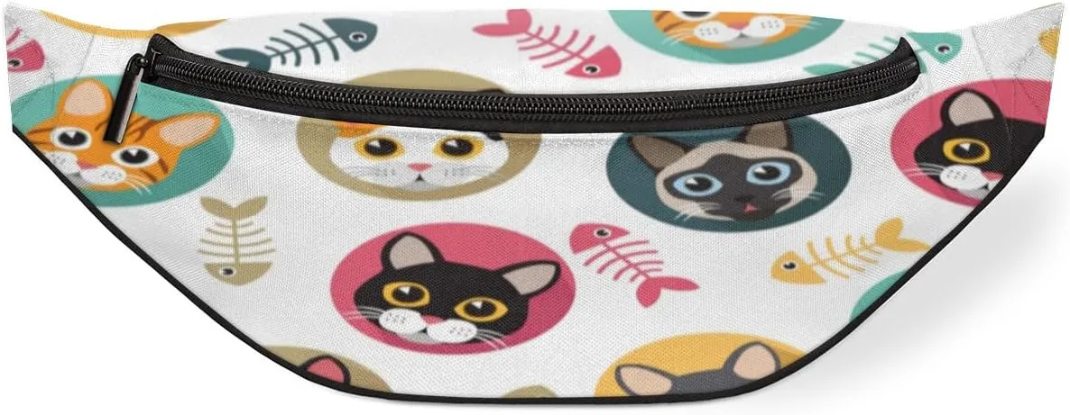 Fanny Pack for Women Men Waist Pack Cute Cat Fish Bone Crossbody Bag with Adjustable Straps for Hiking Running Walking Travel Cycling