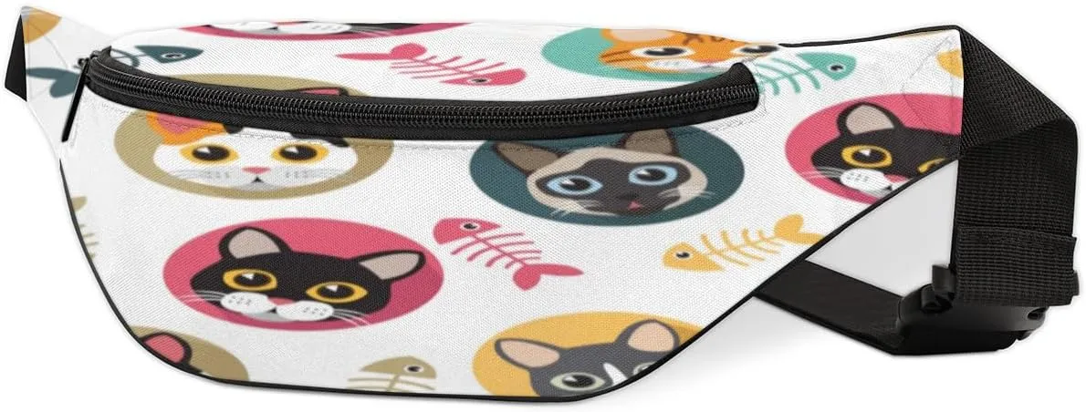Fanny Pack for Women Men Waist Pack Cute Cat Fish Bone Crossbody Bag with Adjustable Straps for Hiking Running Walking Travel Cycling