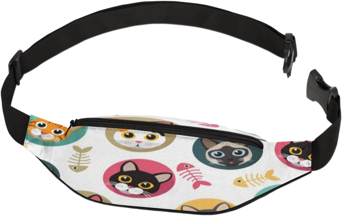 Fanny Pack for Women Men Waist Pack Cute Cat Fish Bone Crossbody Bag with Adjustable Straps for Hiking Running Walking Travel Cycling