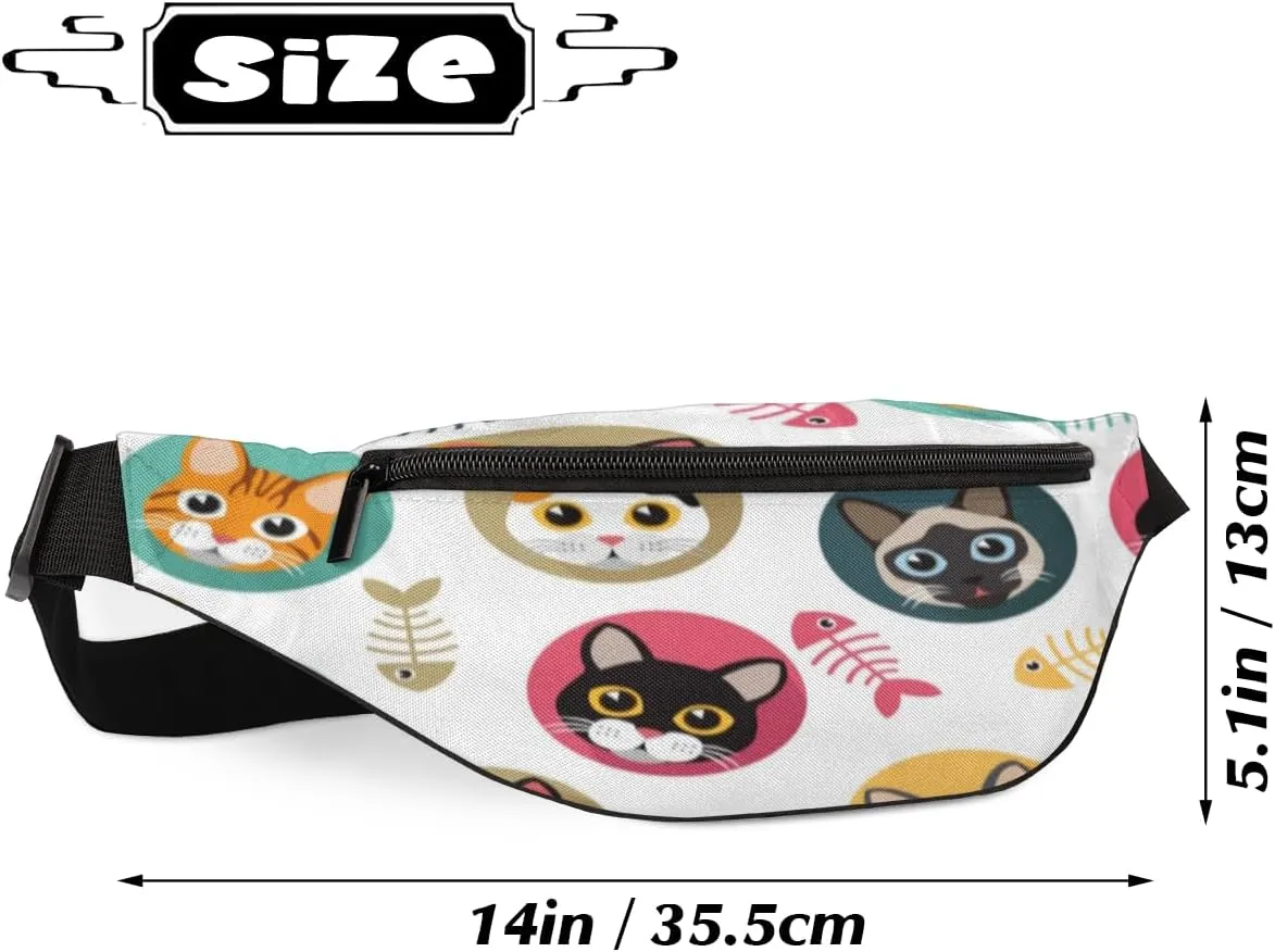 Fanny Pack for Women Men Waist Pack Cute Cat Fish Bone Crossbody Bag with Adjustable Straps for Hiking Running Walking Travel Cycling