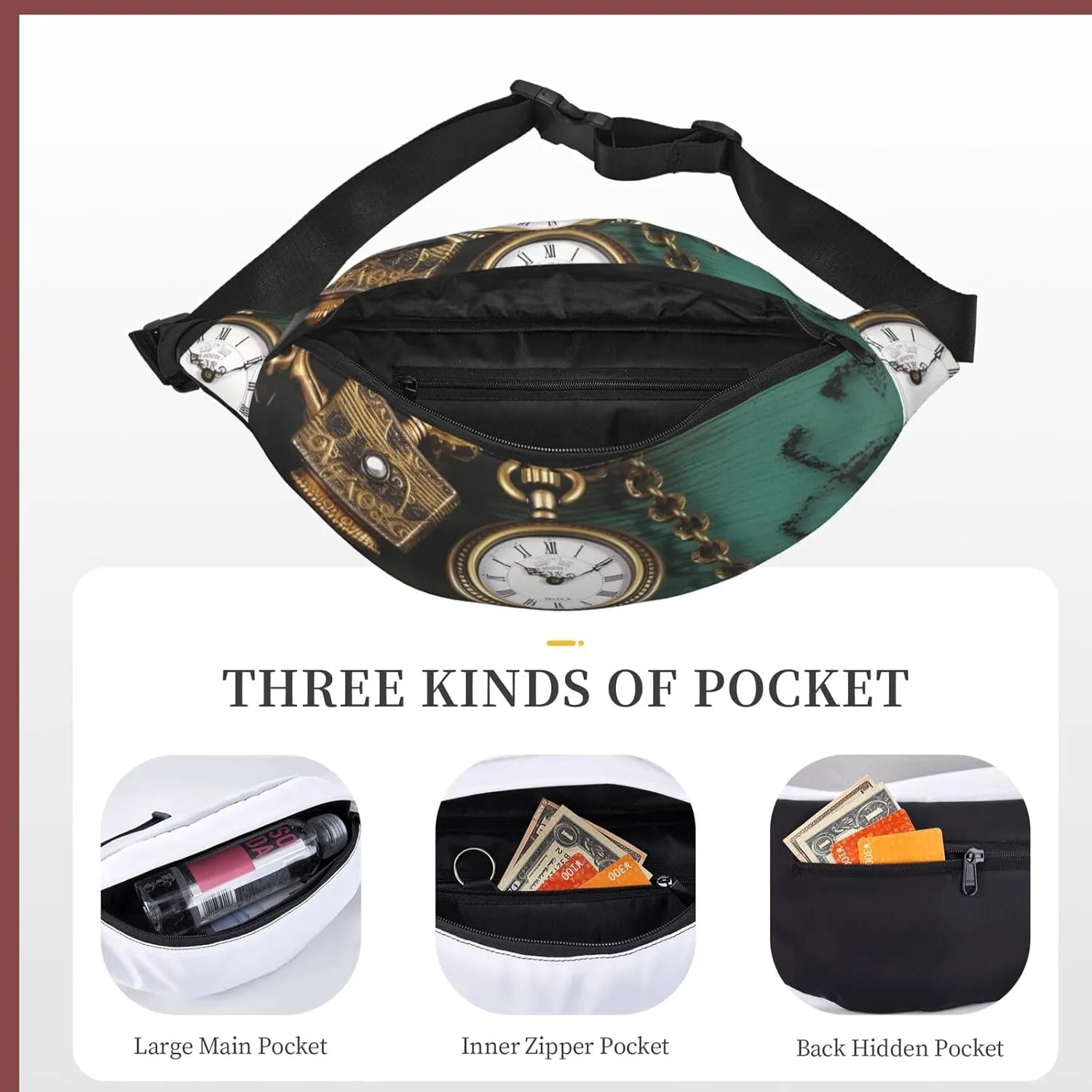 Fanny Packs For Women Men Waist Bag Waterproof Sport Belt Bag Steampunk Watches Keys And Chains Fashion Waist Pack Adjustable Crossbody Bags Zipper Bum Bag For Running Hiking Travel