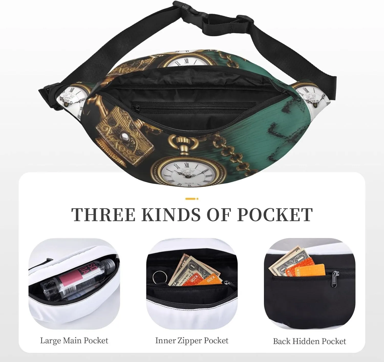 Fanny Packs For Women Men Waist Bag Waterproof Sport Belt Bag Steampunk Watches Keys And Chains Fashion Waist Pack Adjustable Crossbody Bags Zipper Bum Bag For Running Hiking Travel