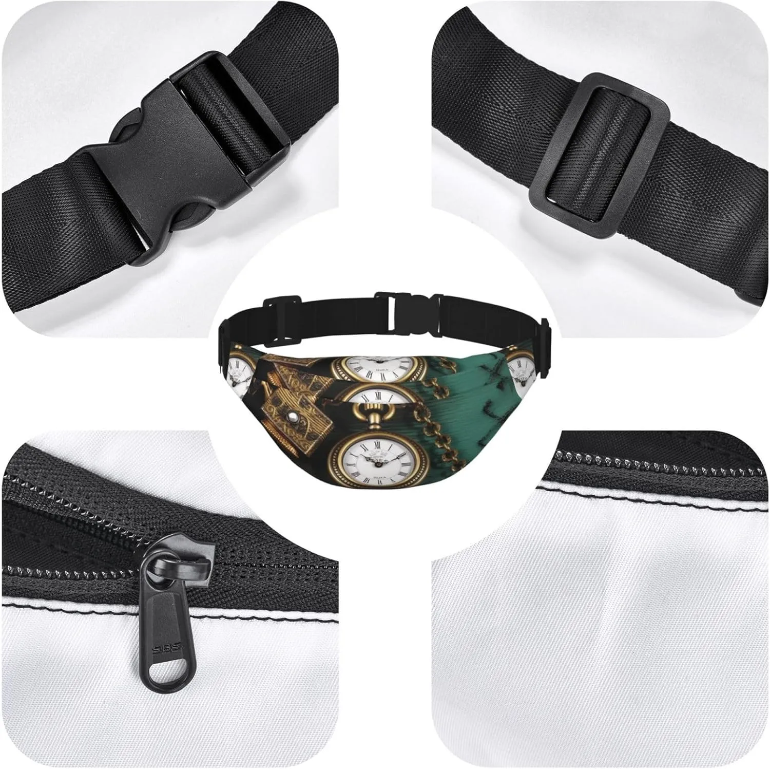 Fanny Packs For Women Men Waist Bag Waterproof Sport Belt Bag Steampunk Watches Keys And Chains Fashion Waist Pack Adjustable Crossbody Bags Zipper Bum Bag For Running Hiking Travel