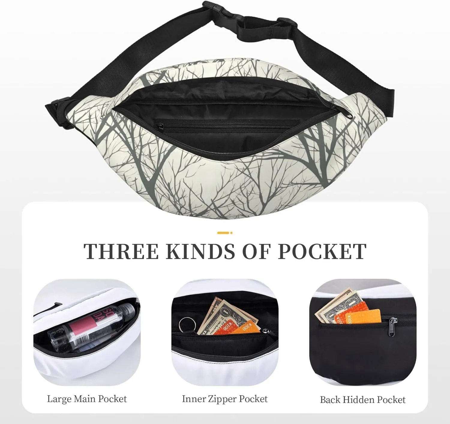Fanny Packs For Women Men Waist Bag Waterproof Sport Belt Bag Tree Branch Fashion Waist Pack Adjustable Crossbody Bags Zipper Bum Bag For Running Hiking Travel